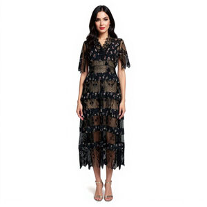 Foxiedox Sweetwater Black Pink Floral Lace Striped Midi Dress - Small
